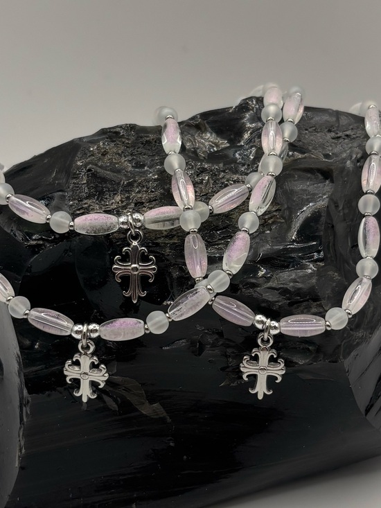 Jewelry - *ANKLET* S.Steel Cross & White with Purple Frosted Glass Stretchy Anklet